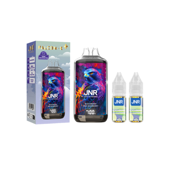 Découvrez la saveur mûre et framboise de l'excellente Puff JNR Falcon-X. Elle est livrée avec 2 eliquides premium 10 ml en 20 mg/ml de sels de nicotine.